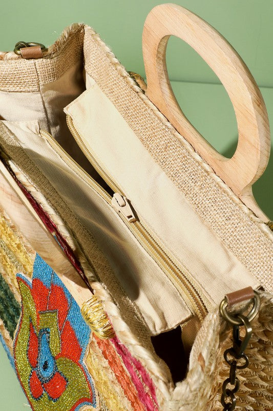 Beaded Straw Tote Bag