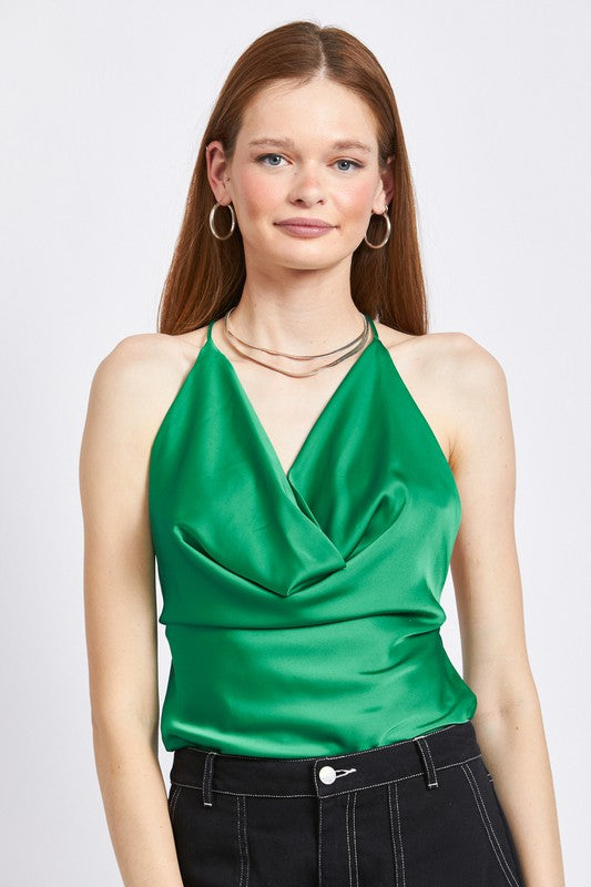 COW NECK SATIN TOP WITH OPEN BACK