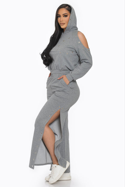 COLD SHOULDER EYELET HOODIE SET