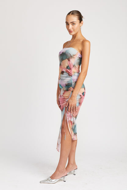 FLORAL SHIRRED MIDI DRESS WITH HIGH SLIT